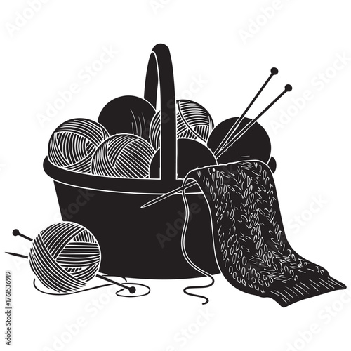 Vintage illustration of a wicker basket overflowing with yarn and knitting needles