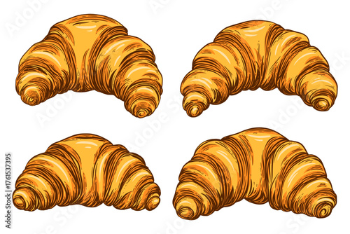 Set of creamy flaky French croissants. Vector isolated illustration in sketch line style