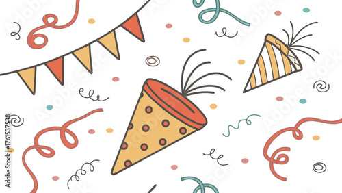 Festive hand drawn party scene with colorful bunting and confetti celebrating a joyful occasion