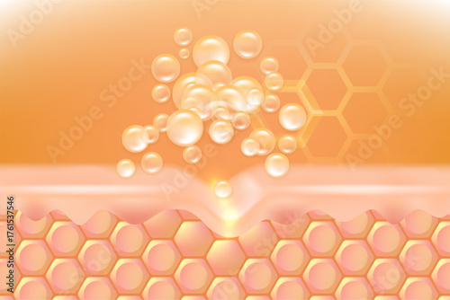 Hyaluronic acid and Niacinamide hair and skin solutions ad, gold collagen serum drops into skin cell with cosmetic advertising background ready to use, illustration vector.	