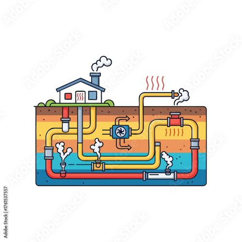 Diagram of a geothermal heating and ing system for a house.