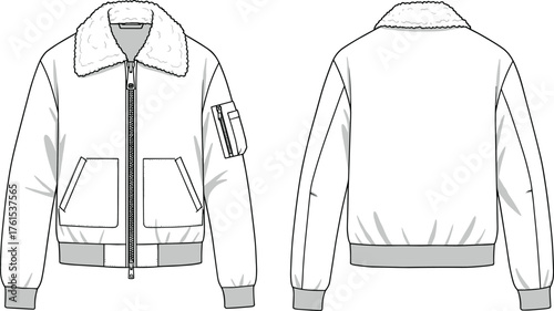 Basic unisex crewneck sweatshirt flat sketch with ribbed cuffs and hem, long sleeves, front and back view, vector fashion design template