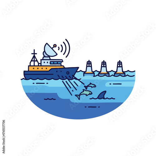 Research vessel uses sonar to study marine life and buoys in the ocean.