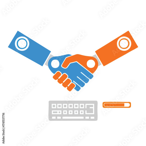 Digital handshake symbolizing business agreement and technological partnership.