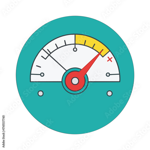 A gauge with a red needle pointing tods a yellow zone.
