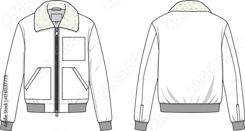 Basic unisex crewneck sweatshirt flat sketch with ribbed cuffs and hem, long sleeves, front and back view, vector fashion design template