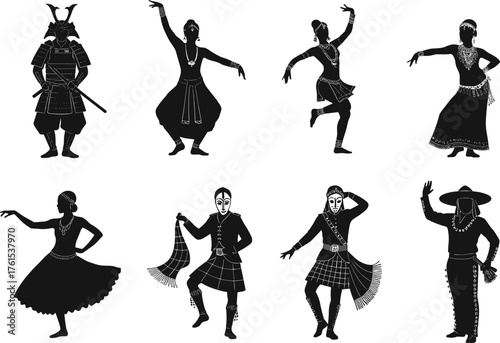 Traditional cultural dance vector illustration set, ethnic costumes, folk performance, global heritage, artistic expression, diversity, traditional art, world culture, celebration, movement design