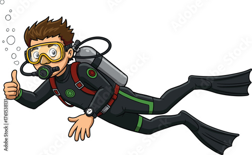 Cartoon scuba diver underwater giving thumbs up, cheerful man in diving suit with mask and oxygen tank, adventure illustration
