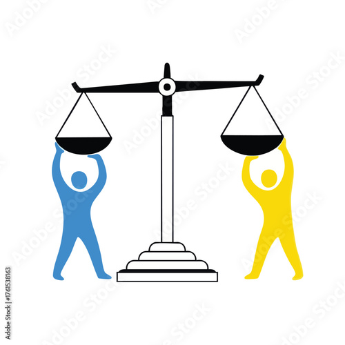 Two figures, blue and yellow, hold up scales of justice.