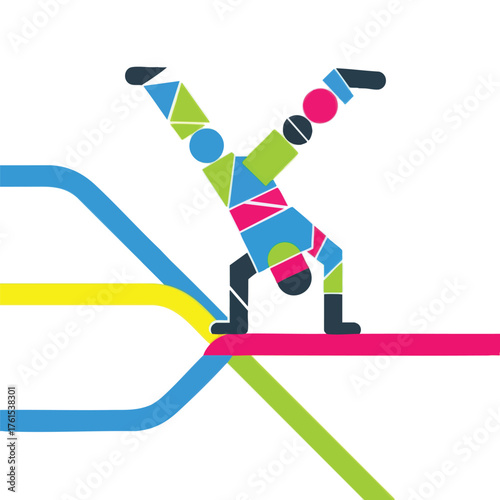 Abstract geometric figure performing a handstand, bold colors.