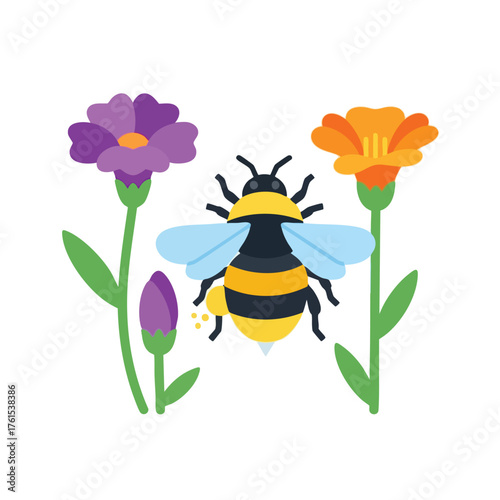 A stylized bee with striped body and light blue wings is centered between two flowers.