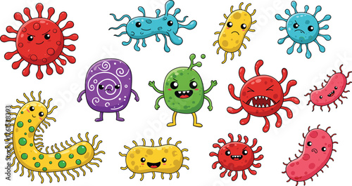 Colorful cartoon bacteria and virus characters collection, cute and funny microorganisms illustration for education, science design, or medical projects