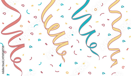 Festive celebration with colorful ribbons and confetti falling down against a white background