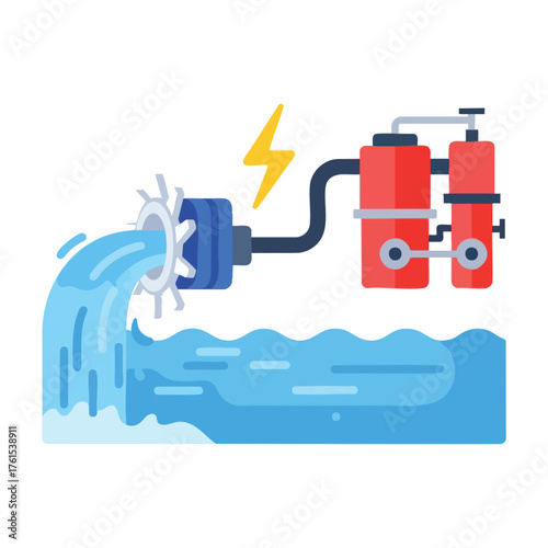 of a hydroelectric turbine generating electricity from flowing water.