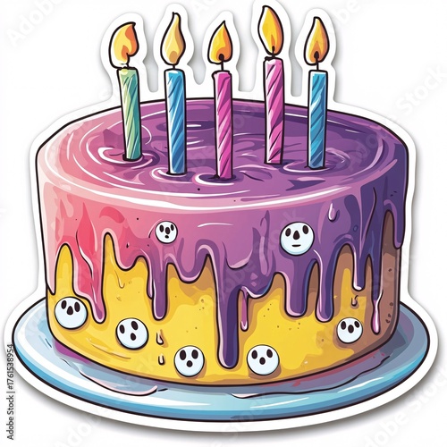 Sticker design of a pop surreal melting birthday cake with ghost faces in the frosting on white background, no person, no tattooed skin