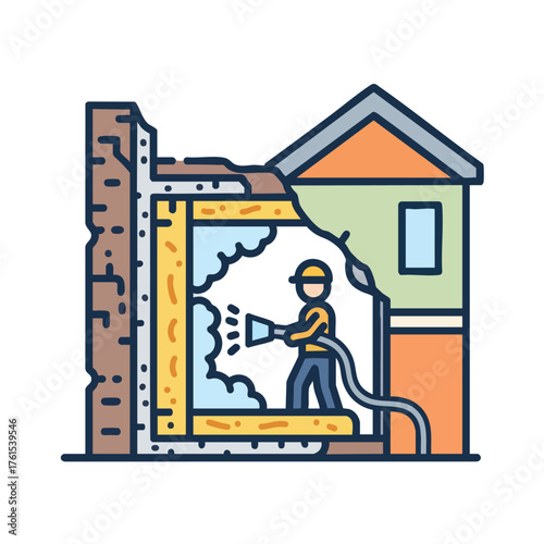 A worker with a hose spraying foam into a damaged house.