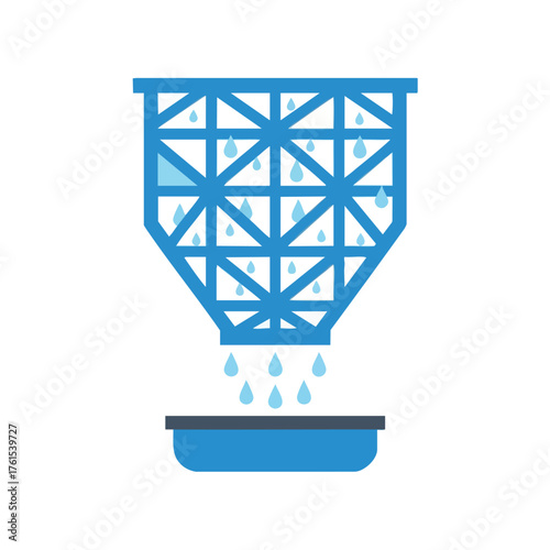 Blue water filter with dripping water into a basin.