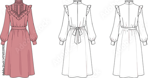 Elegant vintage women’s long sleeve midi dress with ruffled collar, lace detail, bow belt, front and back flat fashion illustration