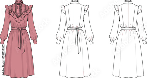 Elegant vintage women’s long sleeve midi dress with ruffled collar, lace detail, bow belt, front and back flat fashion illustration
