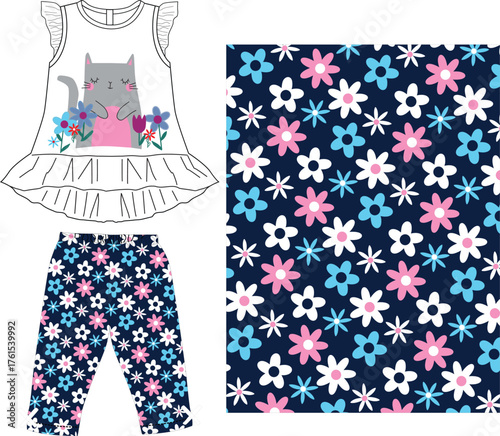 girls frocks with leggings with flower & cat print vector