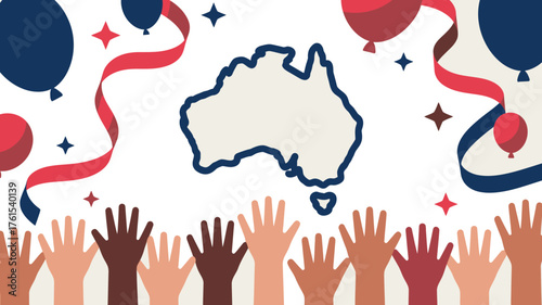 Australia Day Celebration with Diverse Hands, Balloons, Streamers and Outlined Australia Map Illustration