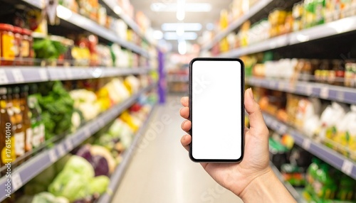 A person's hand holding a phone with a blank screen in a grocery store aisle. The shelves are fully stocked with various products. The phone screen provides an ideal area for digital content.