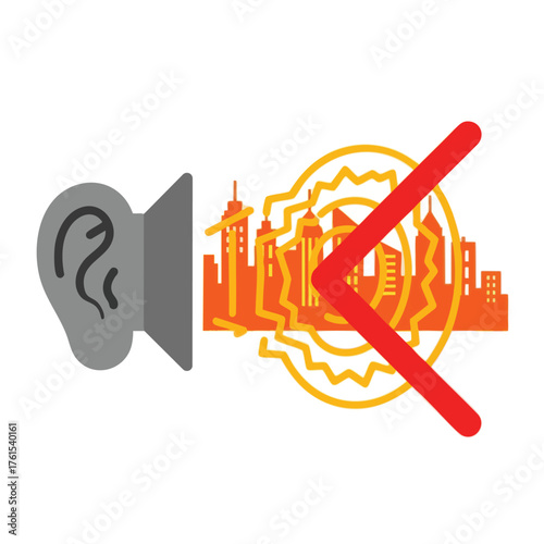 An of an ear receiving noise from a city, with a prohibition sign.
