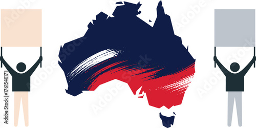 Australia Map in Patriotic Colors with Protesters Holding Blank Signs on White Background