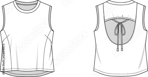 Fashion technical flat of women's fitted sleeveless top with square neckline, princess seams, front and back view, vector illustration, apparel design