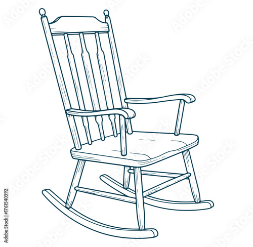 Detailed hand drawn vector illustration of a classic wooden rocking chair design isolated on white