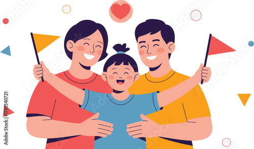 Cartoon Family Hugging with Flags and Heart Shape Celebrating Togetherness in Vibrant Illustration