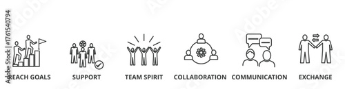 Working together banner vector illustration concept with icons of reach goal, support, team spirit, collaboration, communication, exchange