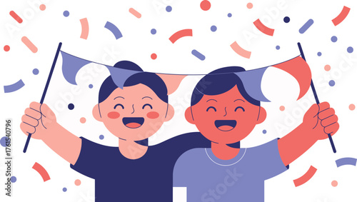 Cartoon Illustration Two Cheerful People Holding Up a Banner Amidst Colorful Confetti
