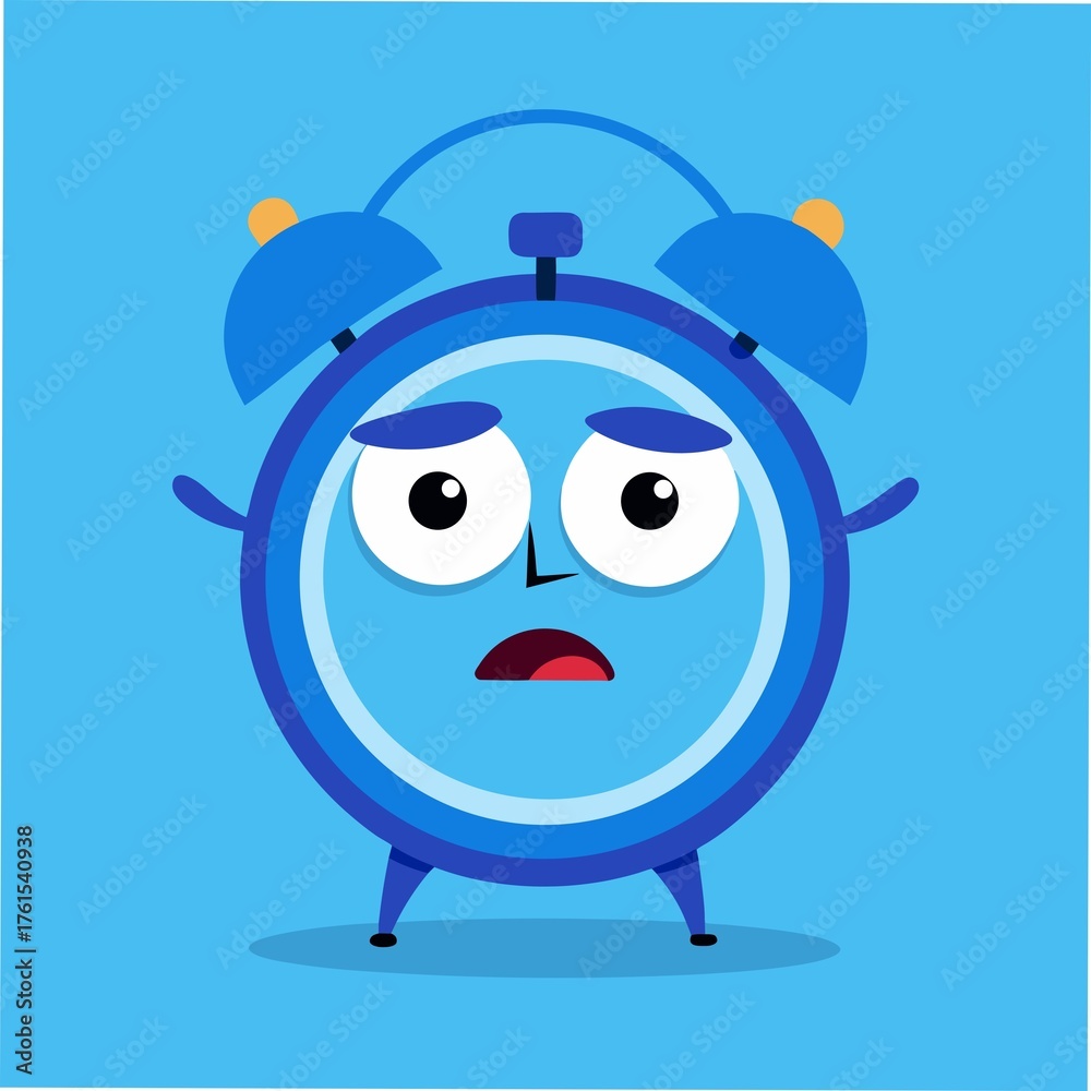 Fototapeta premium Sad blue alarm clock character with tired eyes and open mouth