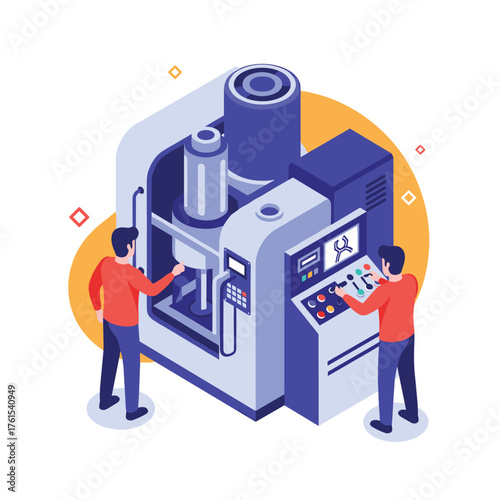 Two people operating a complex manufacturing machine in a factory setting.