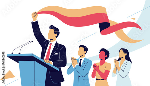 Cartoon Politician Raising Flag at Podium with Applauding Crowd in Suits Illustration