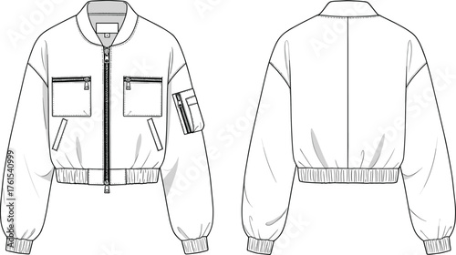 Trendy bomber jacket flat sketch with front zipper, flap pockets, ribbed cuffs, sleeve pocket, front and back view, vector fashion design