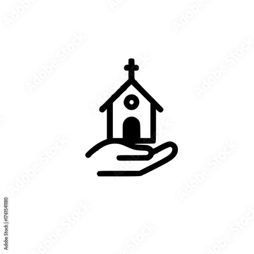 Church icon resting on human hand in flat cartoon style for faith and protection concept