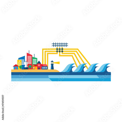 of a coastal city with waves and renewable energy sources.