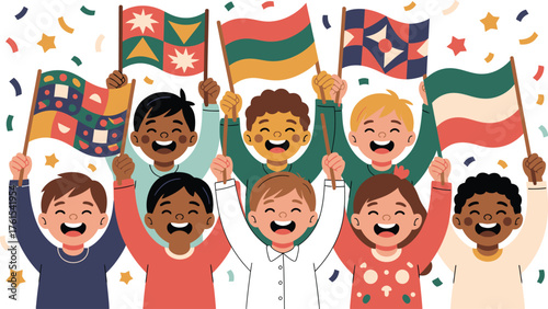 Cheerful Kids Holding International Flags Celebrating Diversity with Confetti Illustration for Global Unity