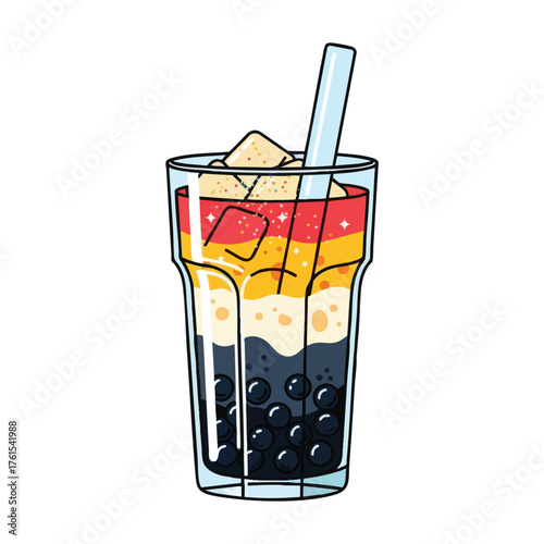 A colorful layered bubble tea with ice and straws.