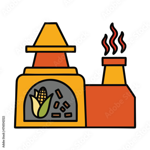 A cartoon of a factory with corn and smoke coming from a chimney.