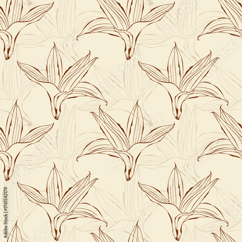 Vanilla flowers, drawn outlines flowers on creamy beige background. Seamless pattern.