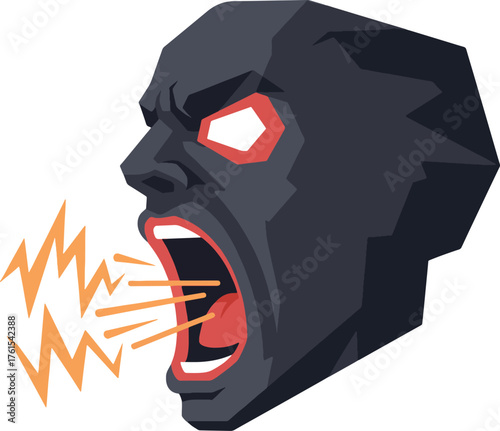 Angry Dark Face with Red Eyes Roaring in Aggressive Expression Illustration