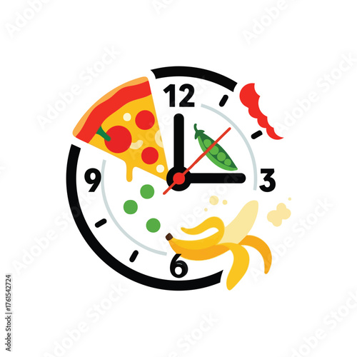 A cartoon clock face with food items like pizza, banana, and peas.