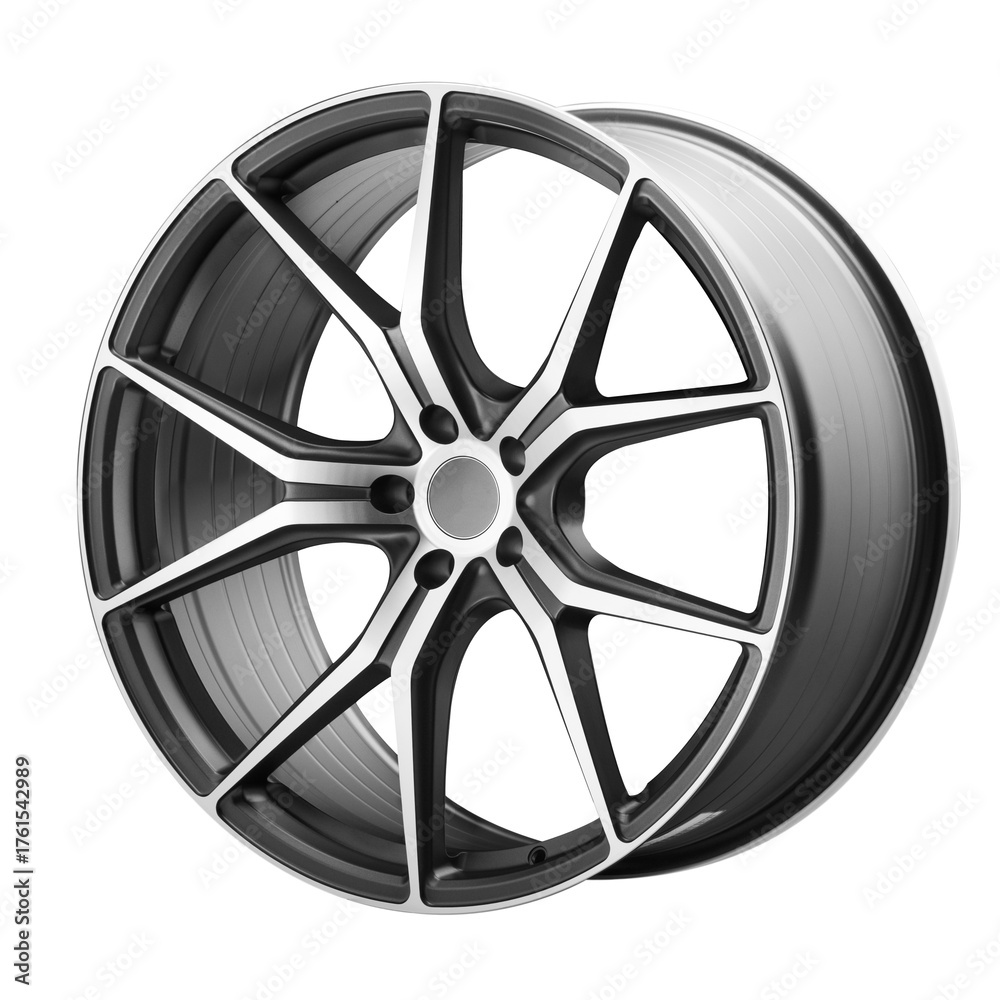 Obraz premium Modern alloy wheel design featuring a sleek, stylish look against a clean white background for automotive enthusiasts and industry professionals