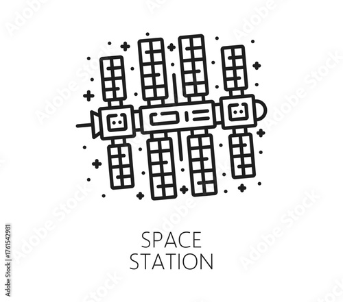 Space space station and cosmos thin line icon. Space research or discovery lineart vector sign, astronomy travel icon. Galaxy outerspace exploration thin line pictogram or cosmos flight outline symbol