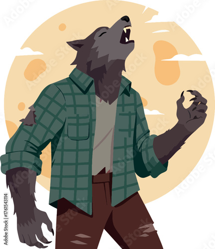 Animated Werewolf Character Wearing Green Flannel Shirt Standing in Front of Full Moon