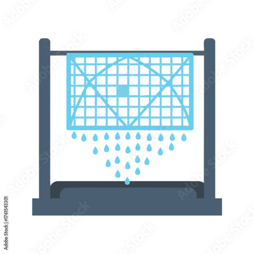 A stylized of a shower system with water drops falling.