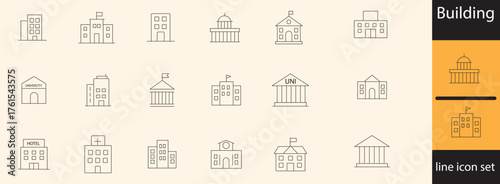 Building icon set. Containing house, office, bank, school, hotel, shop, university and hospital icons. Solid line icon collection. Vector illustration